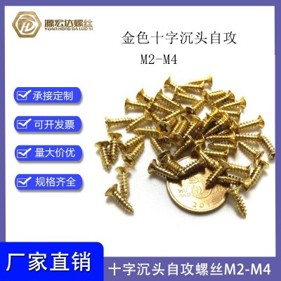 金色十字平頭自攻螺絲M2-M4沉頭尖尾自攻螺釘鍍銅木牙電子螺絲釘