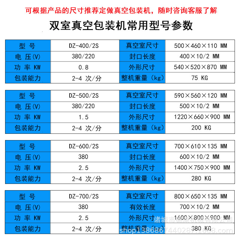 雙室真空包裝機常用參數